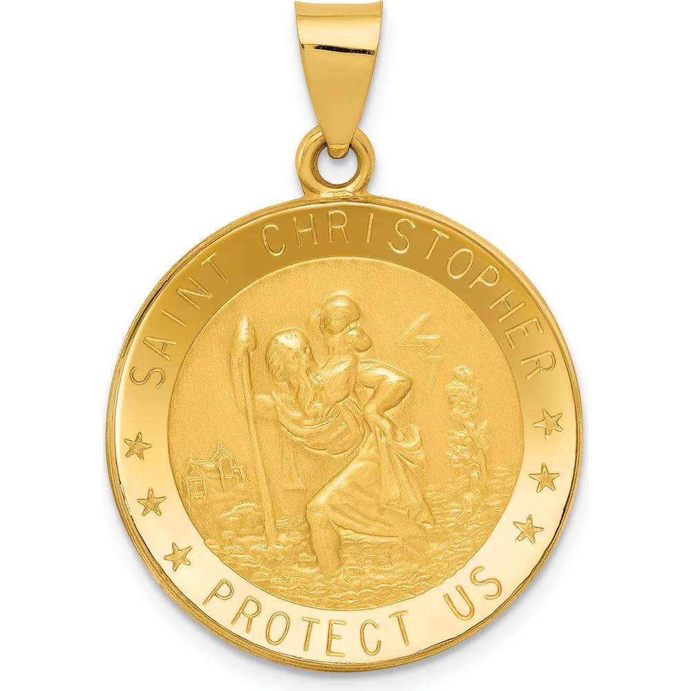 14K Yellow Gold Polished and Satin Hollow Saint Christopher Medal Pendant - 32mm Length by 0