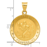 14K Yellow Gold Polished and Satin Hollow Saint Christopher Medal Pendant - 32mm Length by 0