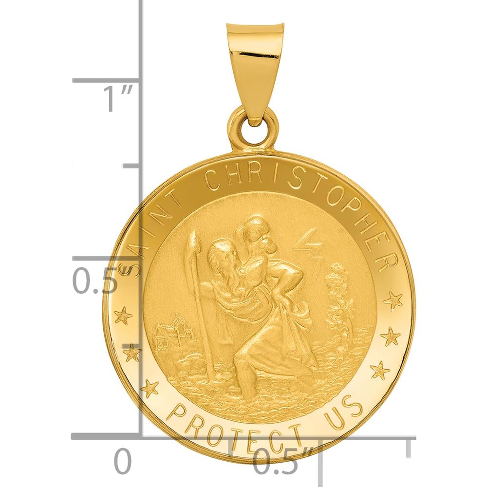 14K Yellow Gold Polished and Satin Hollow Saint Christopher Medal Pendant - 32mm Length by 0