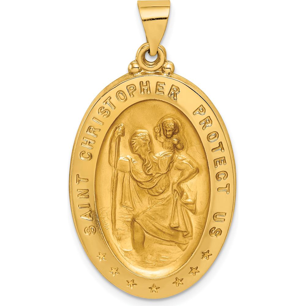 14K Yellow Gold Polished and Satin Hollow Saint Christopher Medal Pendant - 37mm Length by 0