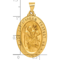 14K Yellow Gold Polished and Satin Hollow Saint Christopher Medal Pendant - 37mm Length by 0