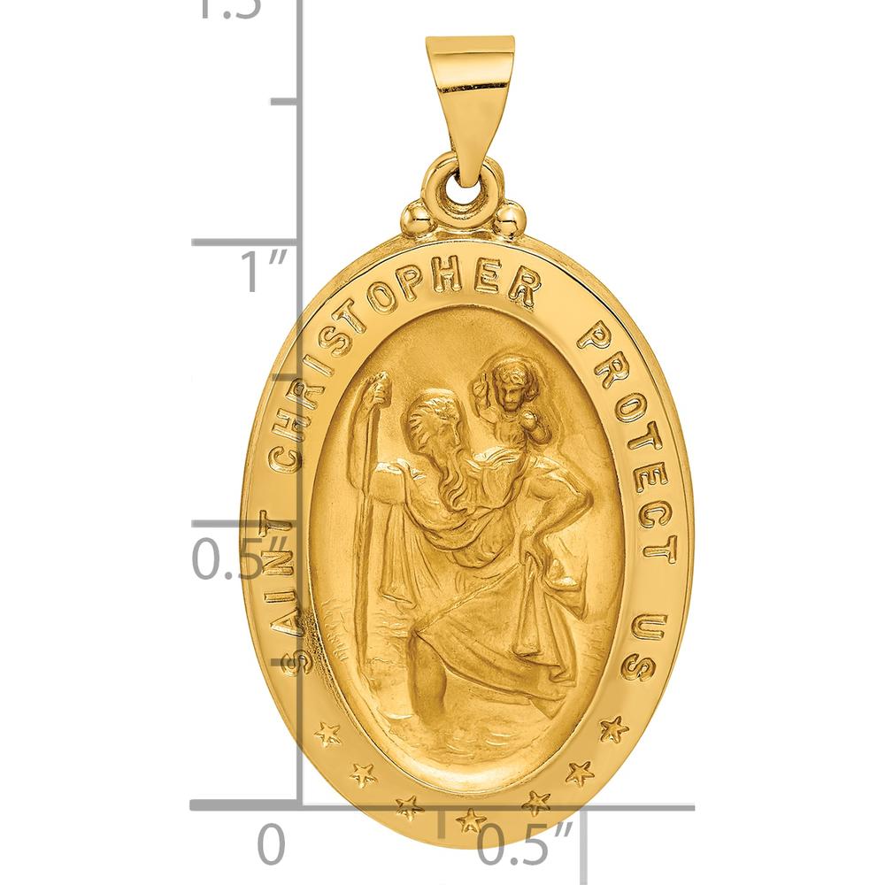 14K Yellow Gold Polished and Satin Hollow Saint Christopher Medal Pendant - 37mm Length by 0