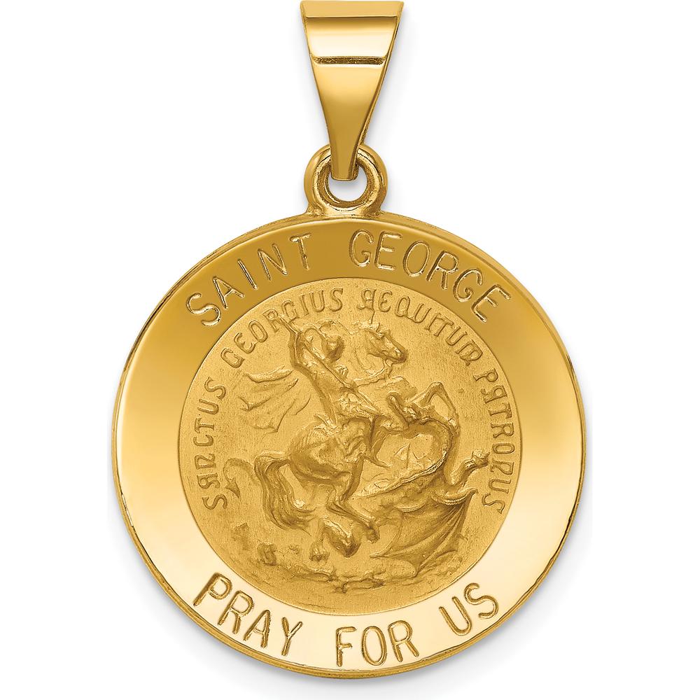 14K Yellow Gold Polished and Satin Hollow Saint George Medal Pendant - 27.25mm Length by Oro Pregiato