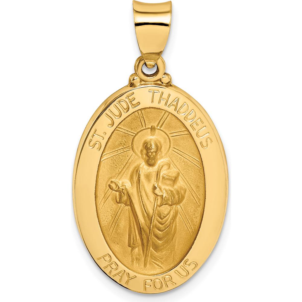 14K Yellow Gold Polished and Satin Hollow St. Jude Thaddeus Medal Oval Pendant by Oro Pregiato