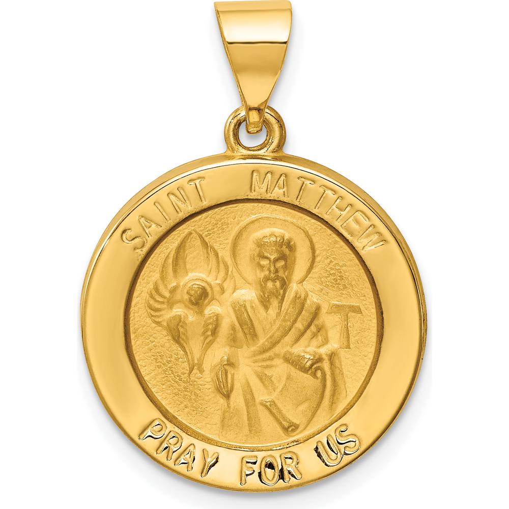 14K Yellow Gold Polished and Satin Hollow St. Matthew Medal Round Pendant 22mm x 19mm by Oro Pregiato