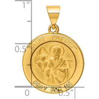 14K Yellow Gold Polished and Satin Hollow St. Matthew Medal Round Pendant 22mm x 19mm by Oro Pregiato