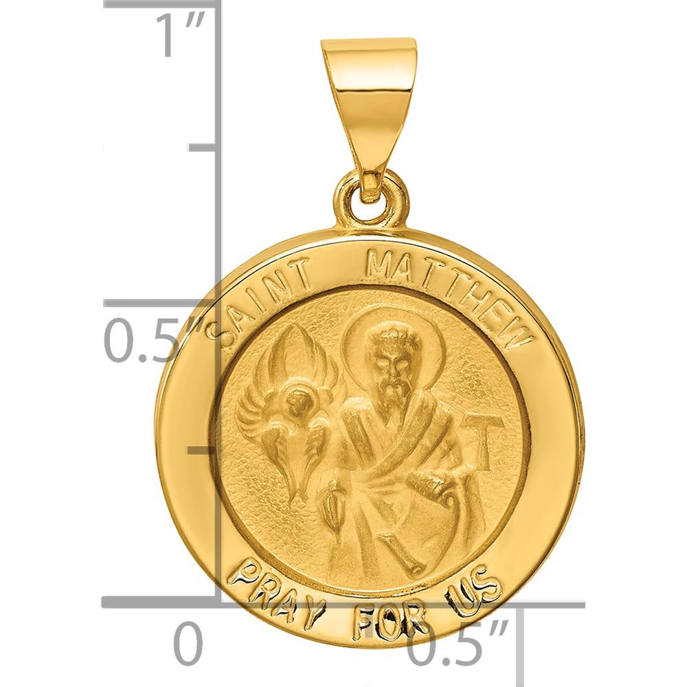 14K Yellow Gold Polished and Satin Hollow St. Matthew Medal Round Pendant 22mm x 19mm by Oro Pregiato
