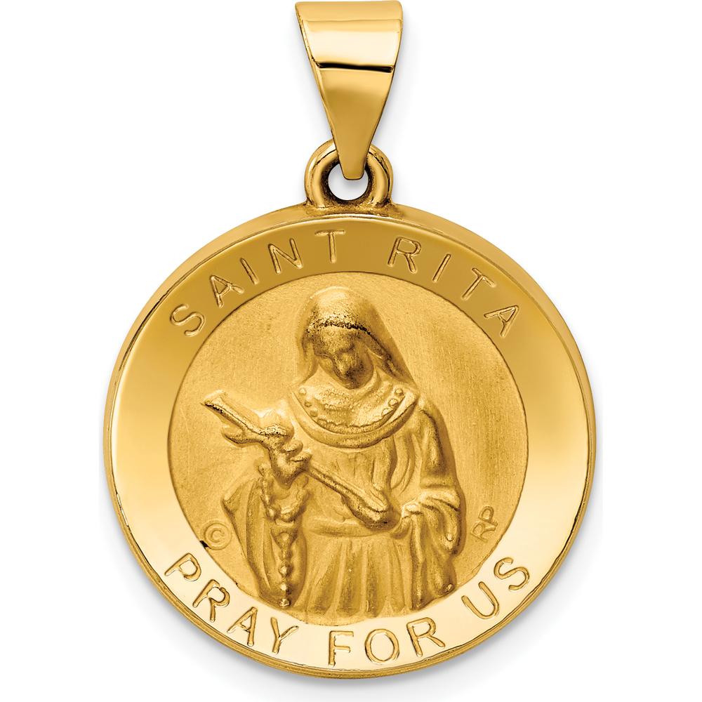 14K Yellow Gold Polished and Satin Hollow St. Rita Medal Round Pendant by Oro Pregiato