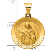 14K Yellow Gold Polished and Satin Hollow St. Rita Medal Round Pendant by Oro Pregiato