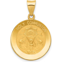 14K Yellow Gold Polished and Satin Holy Communion Medal Round Pendant - 26mm Length by 0
