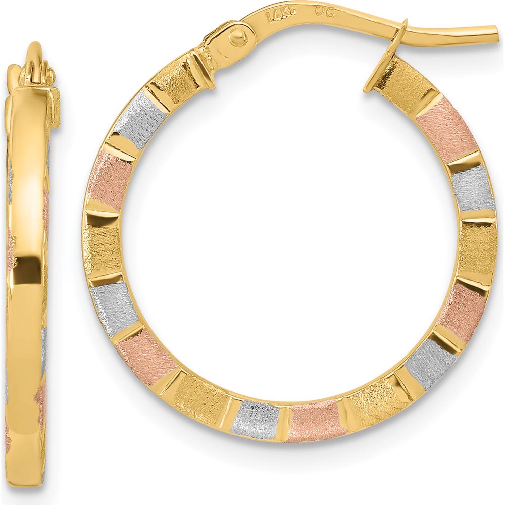 14K Yellow Gold Polished & Satin Hoop Earrings with White & Rose Rhodium Accents by 0