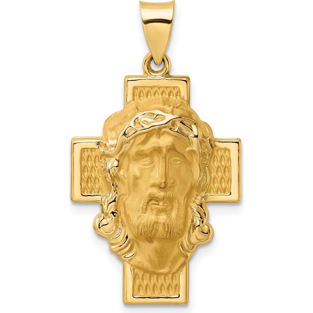 14K Yellow Gold Polished and Satin Jesus Face Cross Pendant - 26mm Length, 19.27mm Width by Oro Pregiato
