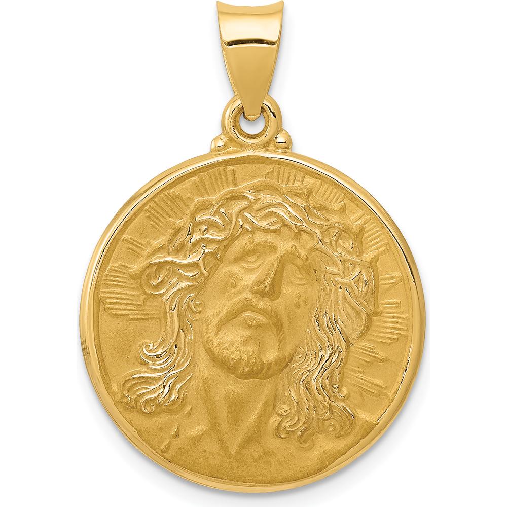 14K Yellow Gold Polished and Satin Jesus Face Medal Pendant - 24mm Length by Oro Pregiato