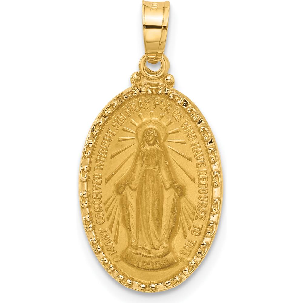 14K Yellow Gold Polished and Satin Miraculous Medal Oval Pendant - 24.9mm Length by Oro Pregiato