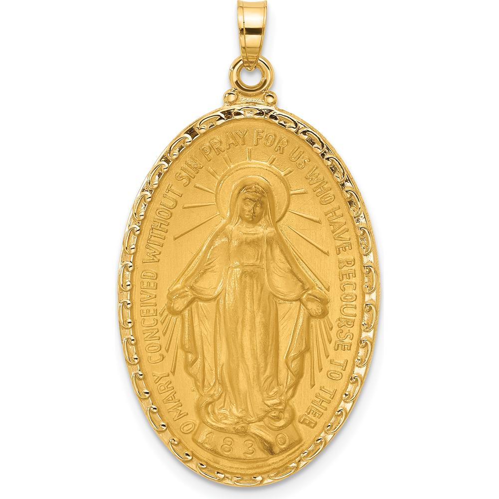14K Yellow Gold Polished and Satin Miraculous Medal Oval Pendant - 37.7mm Length by Oro Pregiato