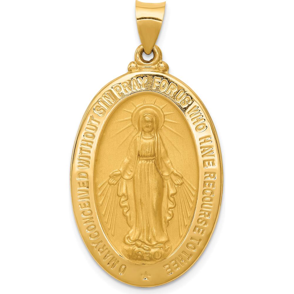 14K Yellow Gold Polished and Satin Miraculous Medal Oval Pendant - 38.5mm Length by Oro Pregiato