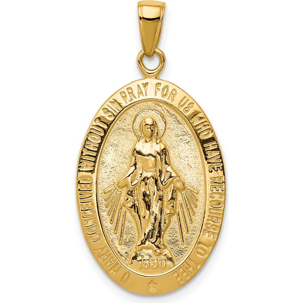 14K Yellow Gold Polished and Satin Miraculous Medal Oval Pendant by Oro Pregiato