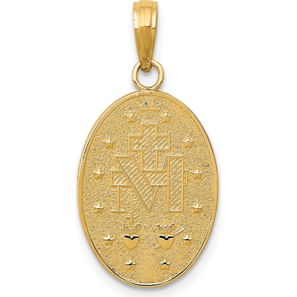 14K Yellow Gold Polished and Satin Miraculous Medal Oval Pendant with Virgin Mary Design by Oro Pregiato