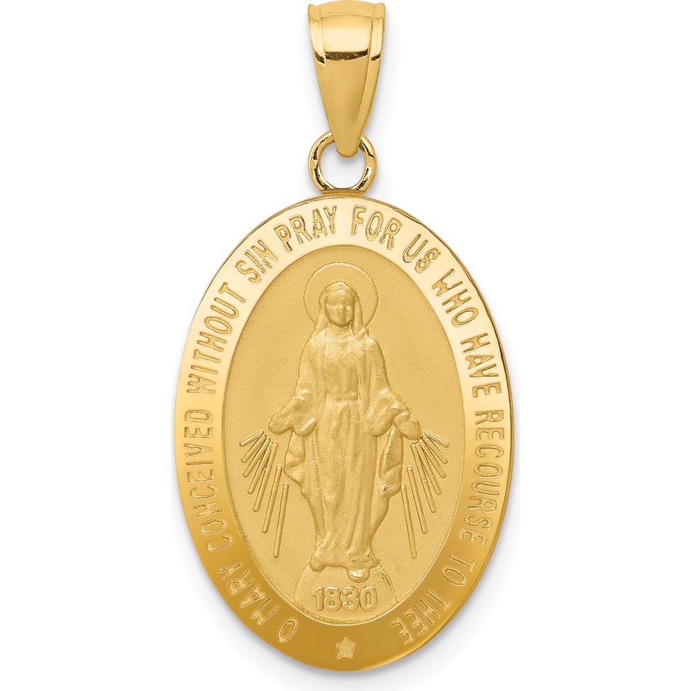 14K Yellow Gold Polished and Satin Miraculous Medal Oval Pendant with Virgin Mary Design by Oro Pregiato