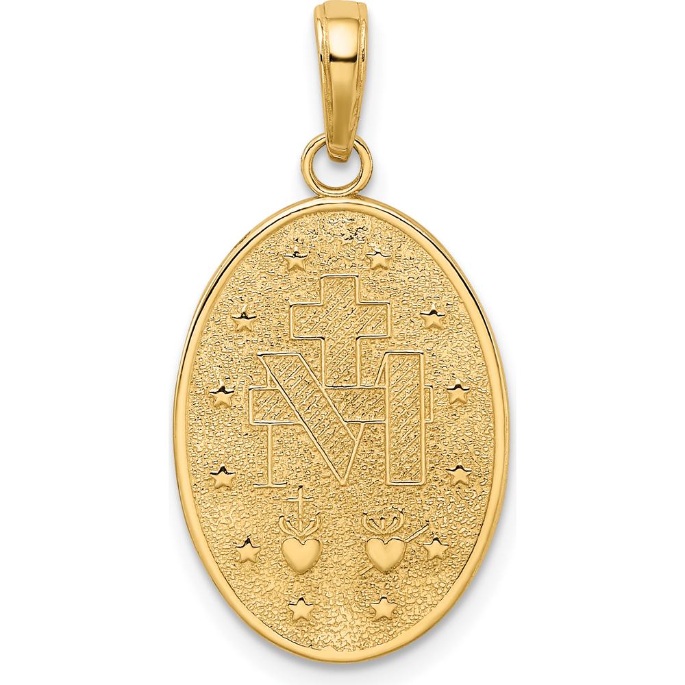 14K Yellow Gold Polished and Satin Miraculous Medal Oval Pendant with Virgin Mary Design by Oro Pregiato