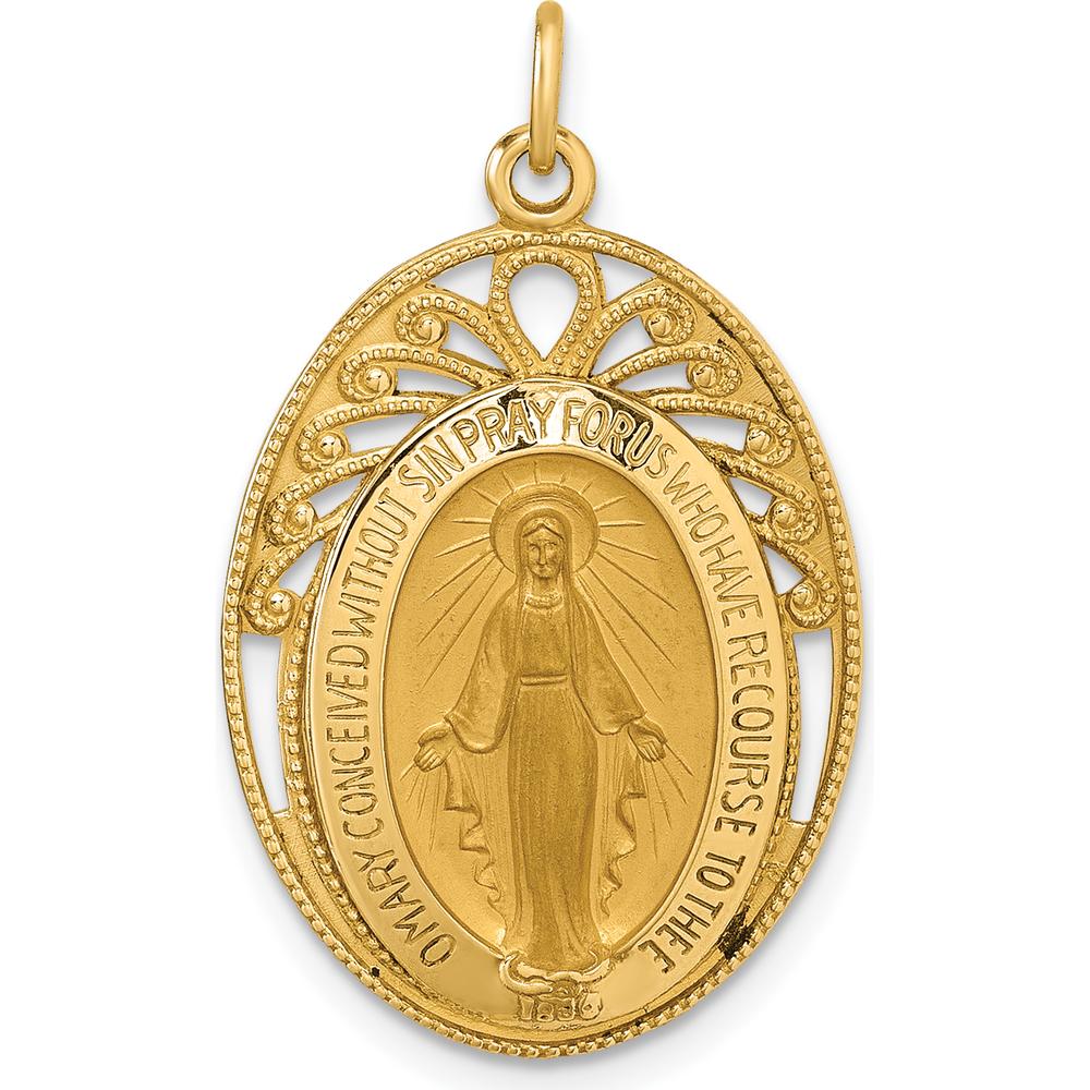 14K Yellow Gold Polished and Satin Miraculous Medal Oval Pendant by Oro Pregiato