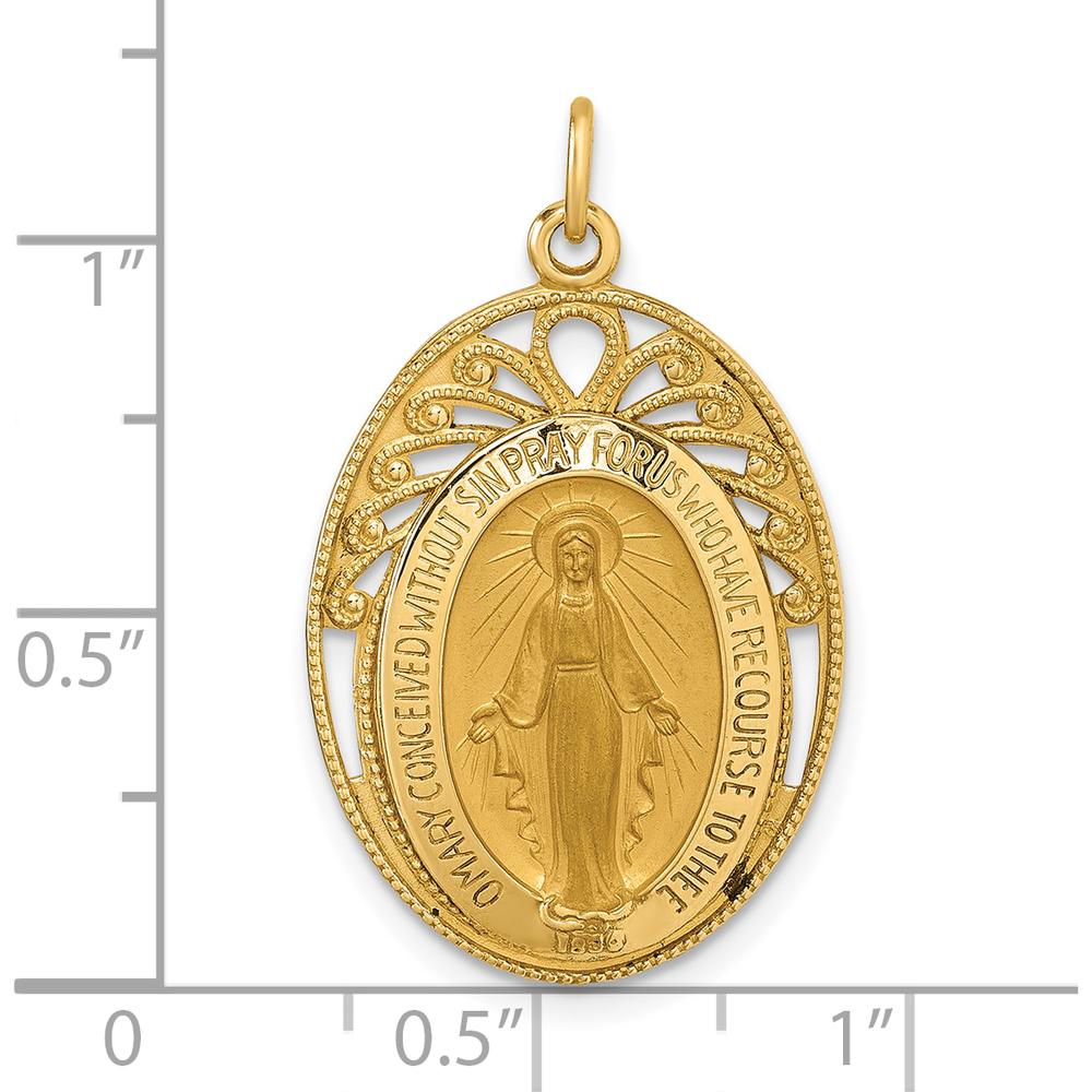 14K Yellow Gold Polished and Satin Miraculous Medal Oval Pendant by Oro Pregiato