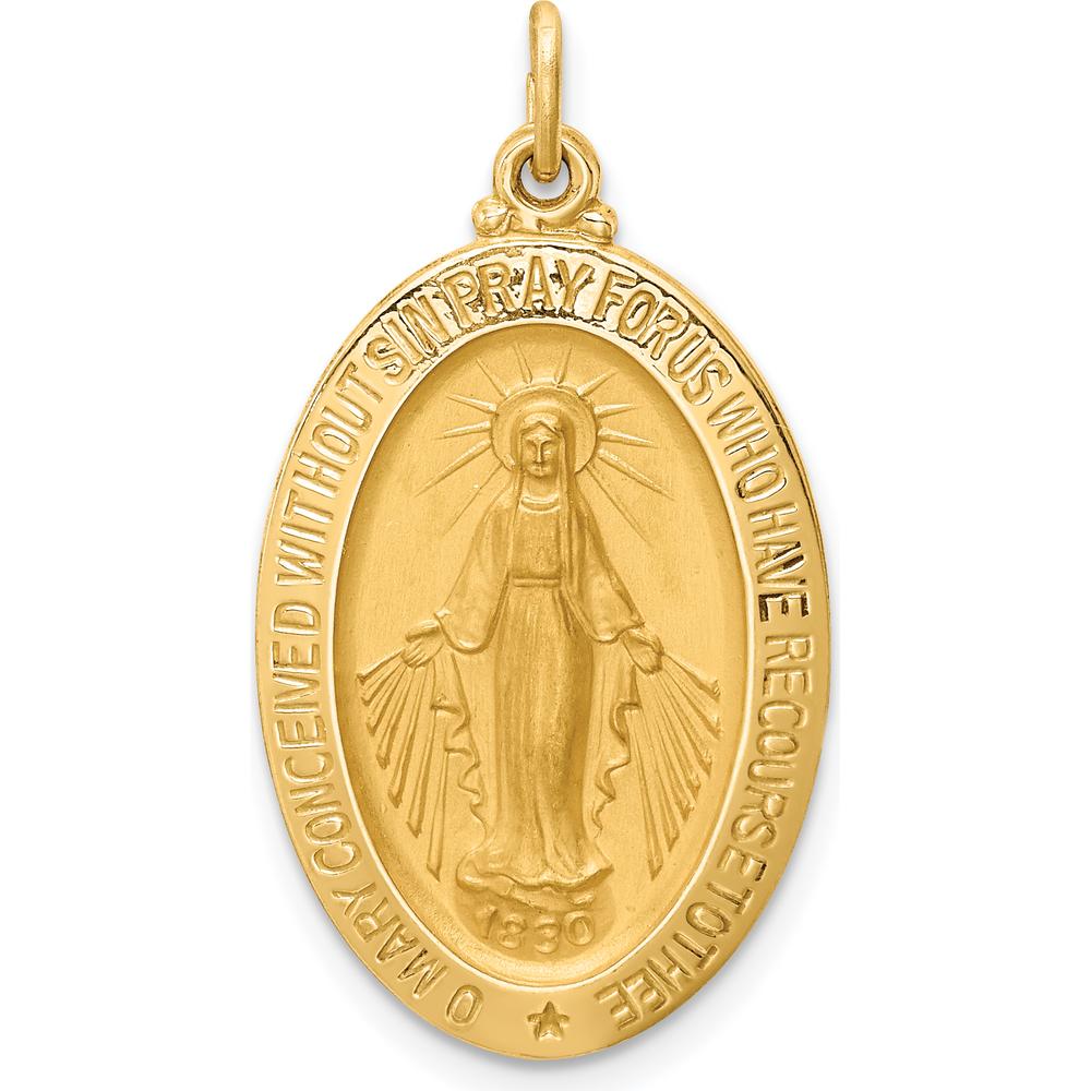 14K Yellow Gold Polished and Satin Miraculous Medal Pendant - 29.75mm Length by Oro Pregiato