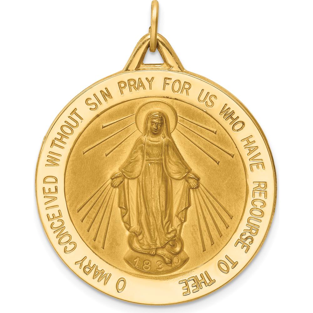 14K Yellow Gold Polished and Satin Miraculous Medal Pendant - 37mm Length by Oro Pregiato
