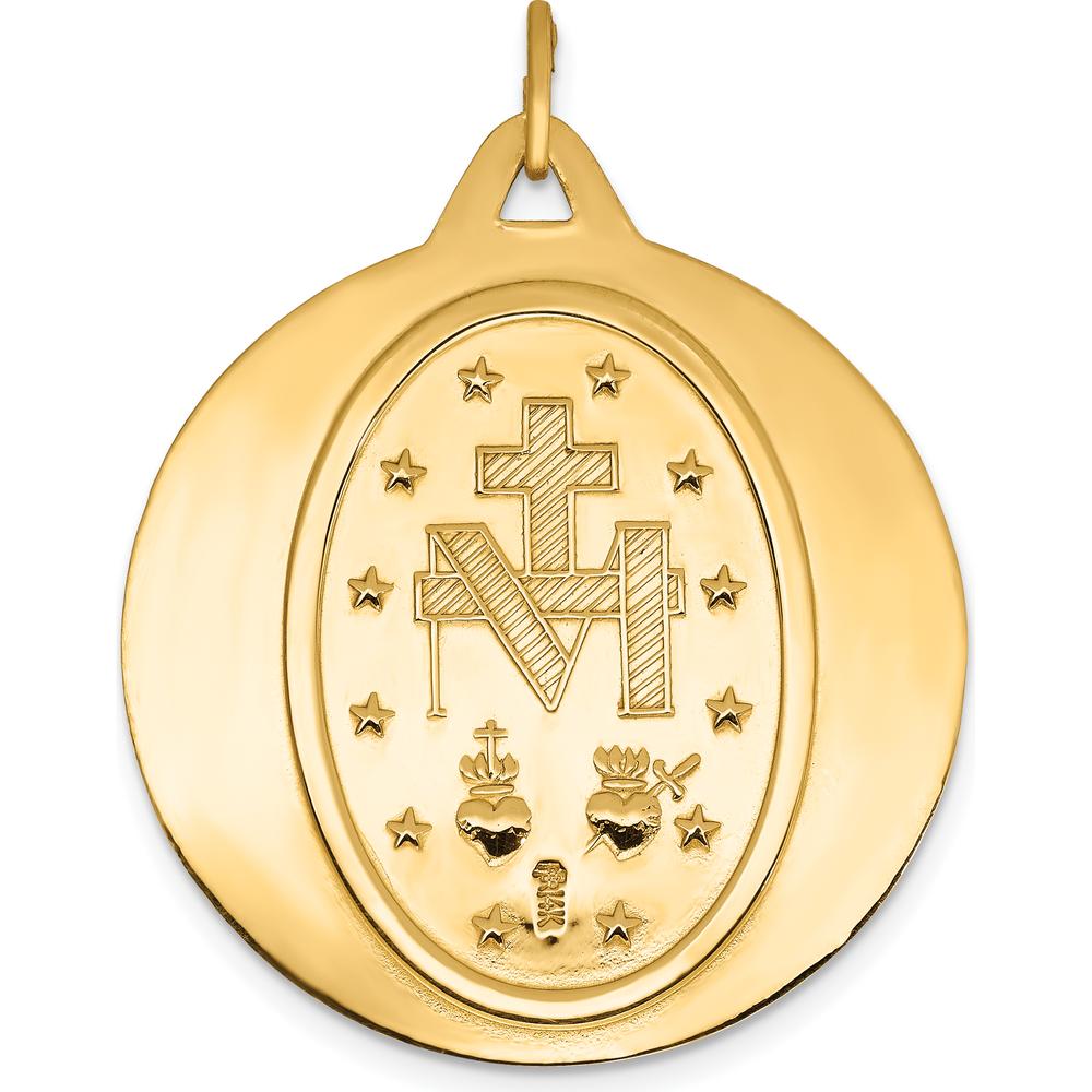 14K Yellow Gold Polished and Satin Miraculous Medal Pendant - 37mm Length by Oro Pregiato