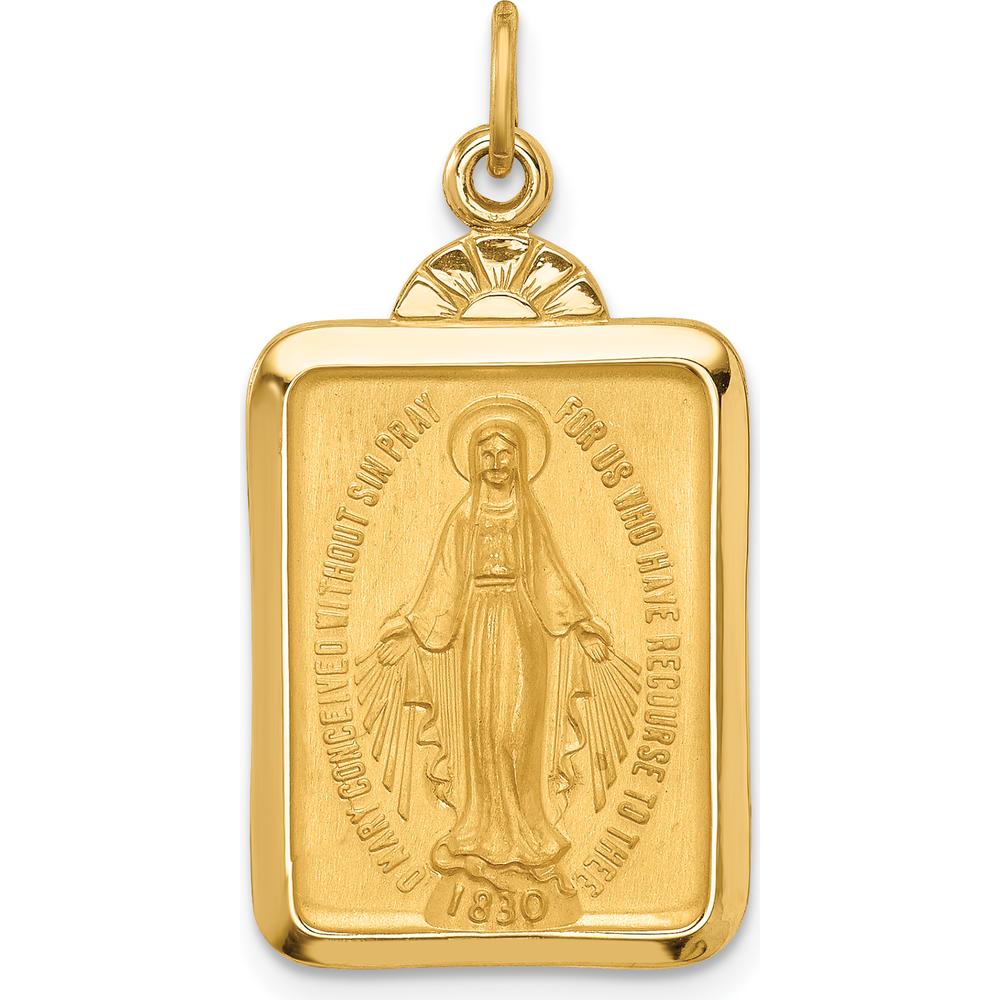 14K Yellow Gold Polished and Satin Miraculous Medal Rectangular Pendant - Religious Jewelry by Oro Pregiato