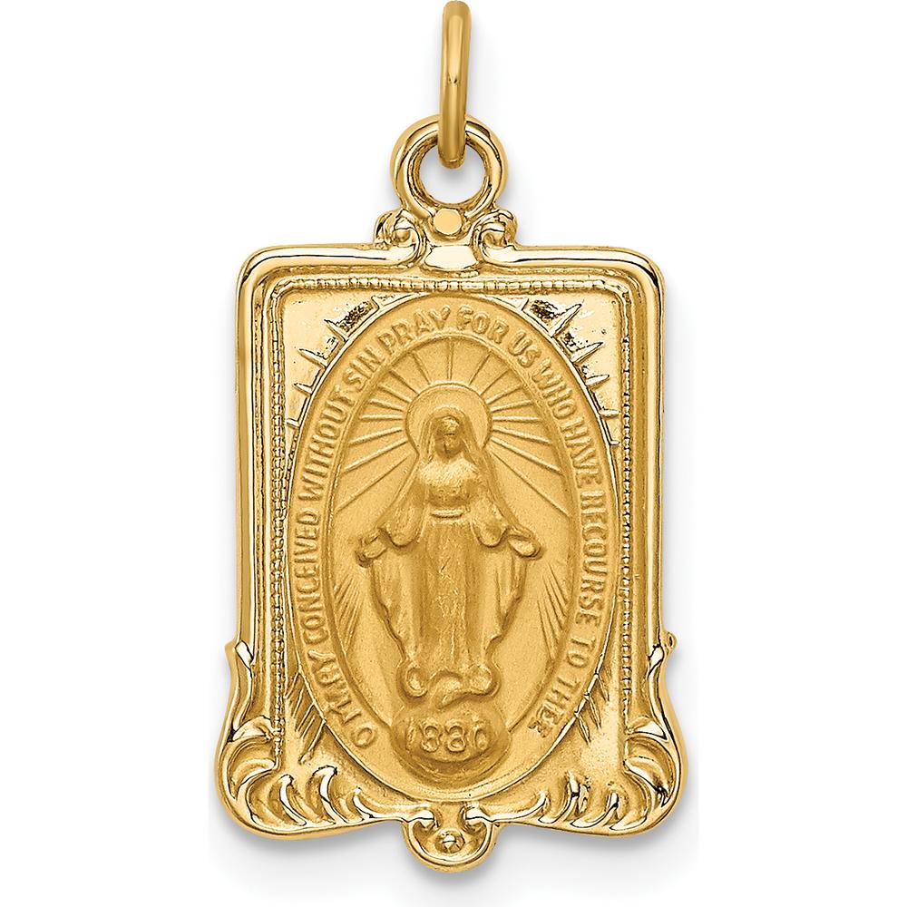 14K Yellow Gold Polished and Satin Miraculous Medal Rectangular Pendant - Solid Gold Faith Jewelry by Oro Pregiato
