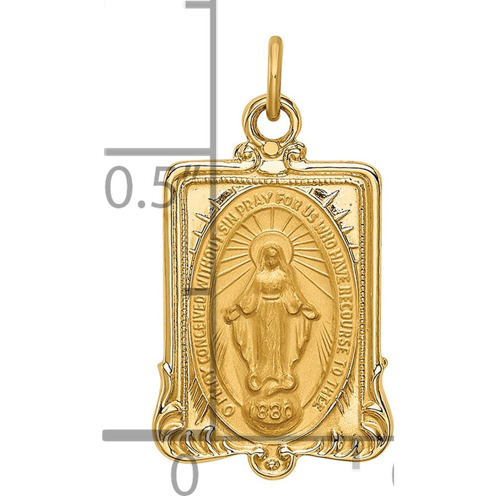 14K Yellow Gold Polished and Satin Miraculous Medal Rectangular Pendant - Solid Gold Faith Jewelry by Oro Pregiato