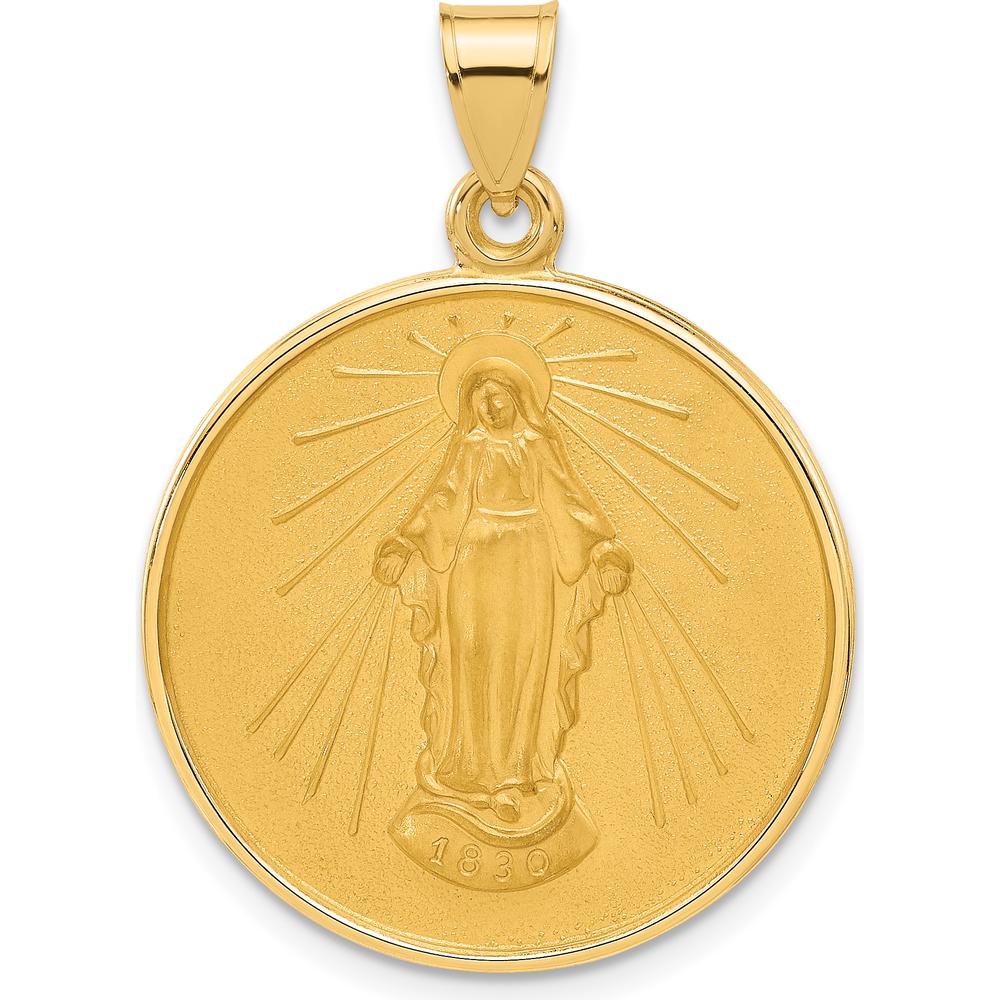 14K Yellow Gold Polished and Satin Miraculous Medal Round Pendant by Oro Pregiato