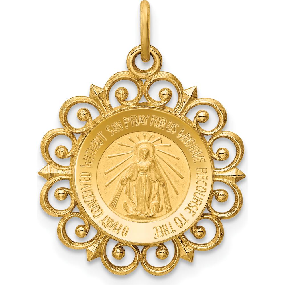 14K Yellow Gold Polished and Satin Miraculous Medal with Scallop Frame Round Charm by Oro Pregiato