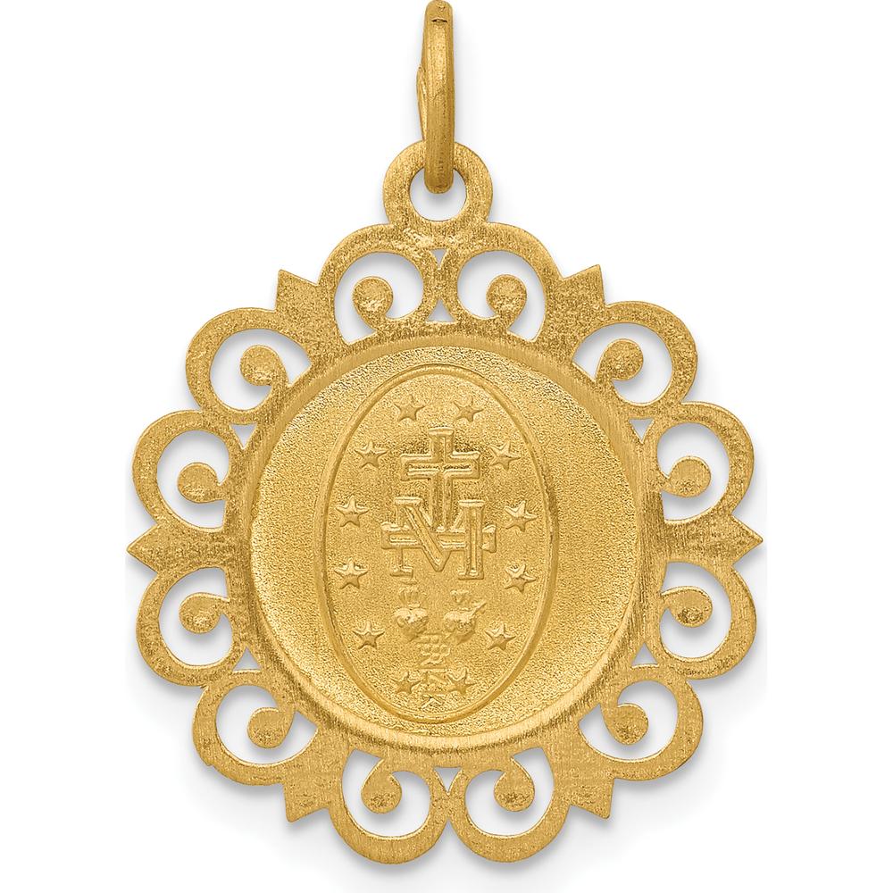 14K Yellow Gold Polished and Satin Miraculous Medal with Scallop Frame Round Charm by Oro Pregiato