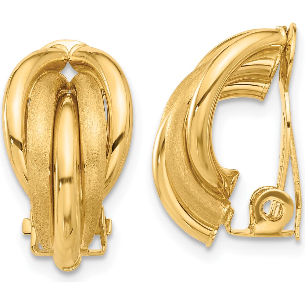14K Yellow Gold Polished and Satin Omega Clip Non-Pierced Button Earrings - 18mm Length, 10mm Width by 0