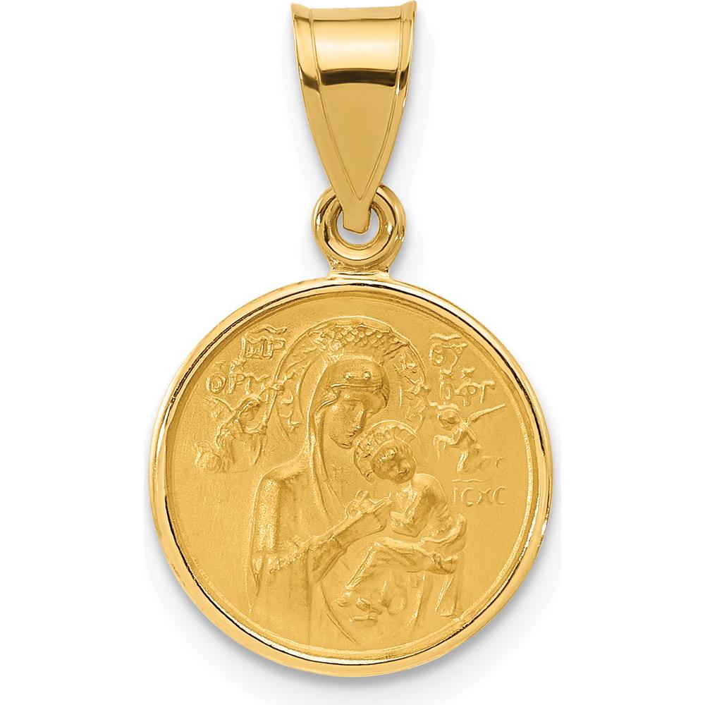 14K Yellow Gold Polished and Satin Our Lady of Perpetual Help Medal Round Pendant by Oro Pregiato