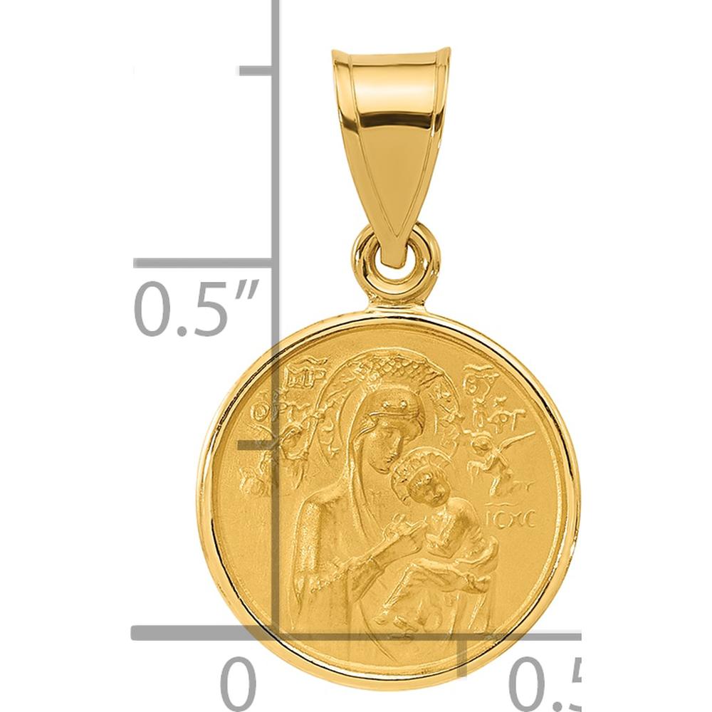 14K Yellow Gold Polished and Satin Our Lady of Perpetual Help Medal Round Pendant by Oro Pregiato