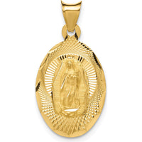 14K Yellow Gold Polished and Satin Oval Pendant with Our Lady of Guadalupe - Diamond-Cut Textured Finish by Oro Pregiato