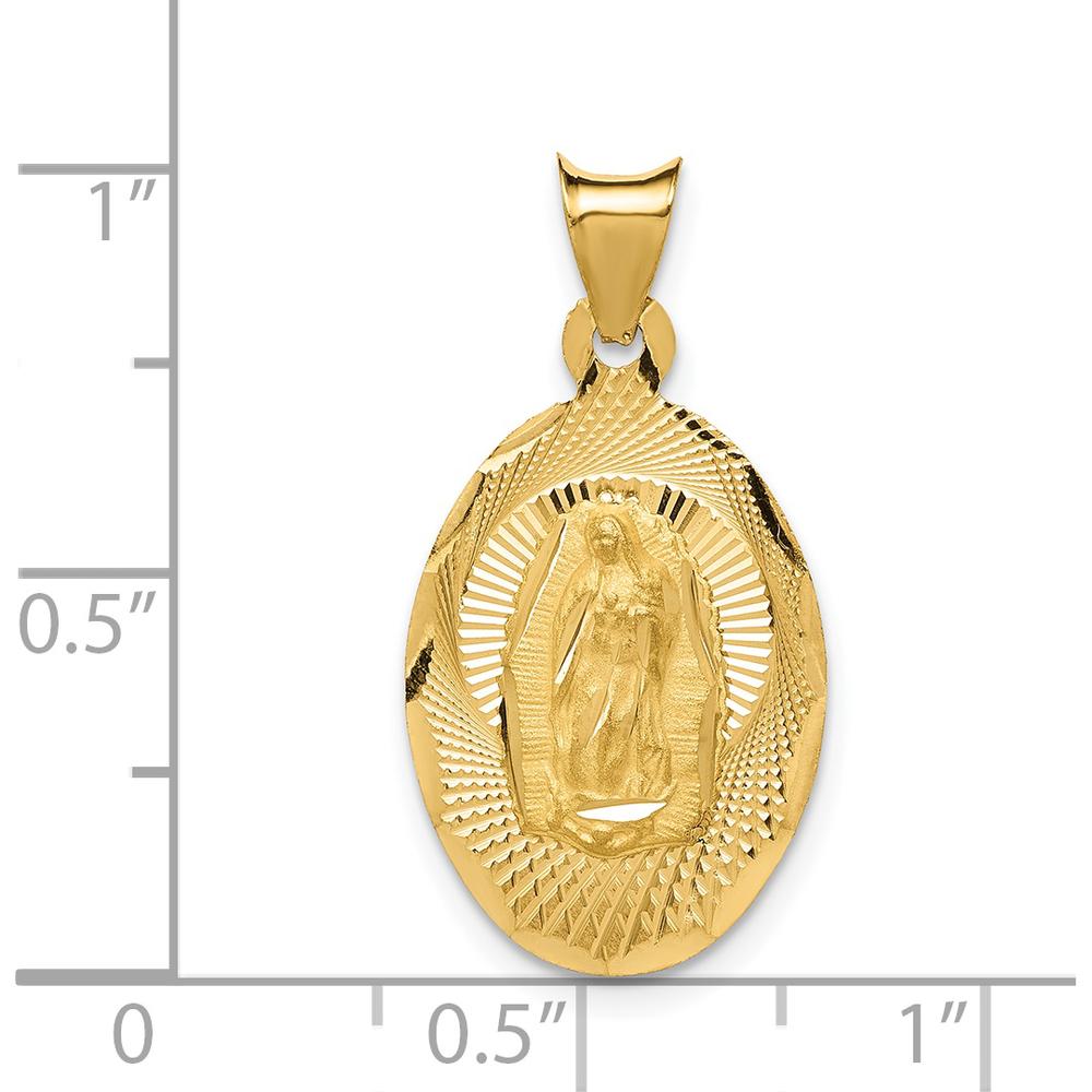 14K Yellow Gold Polished and Satin Oval Pendant with Our Lady of Guadalupe - Diamond-Cut Textured Finish by Oro Pregiato