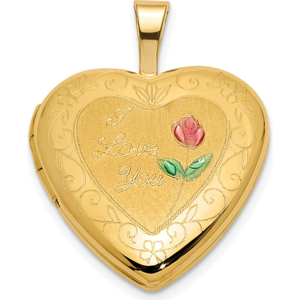 14K Yellow Gold Polished and Satin Pink and Green Enamel Rose "I Love You" Heart Locket by Oro Pregiato