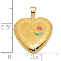 14K Yellow Gold Polished and Satin Pink and Green Enamel Rose "I Love You" Heart Locket by Oro Pregiato