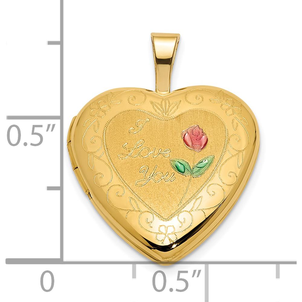 14K Yellow Gold Polished and Satin Pink and Green Enamel Rose "I Love You" Heart Locket by Oro Pregiato
