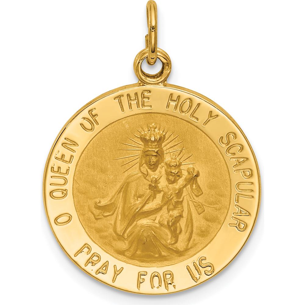 14K Yellow Gold Polished and Satin Queen of the Holy Scapular Reversible Round Pendant - 25.6mm Length by Oro Pregiato