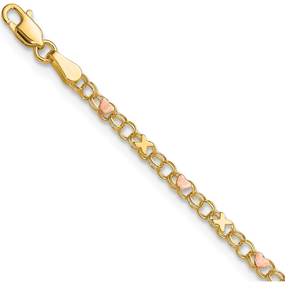 14K Yellow Gold Polished and Satin Rose-Plated X-and-Heart 9" Anklet