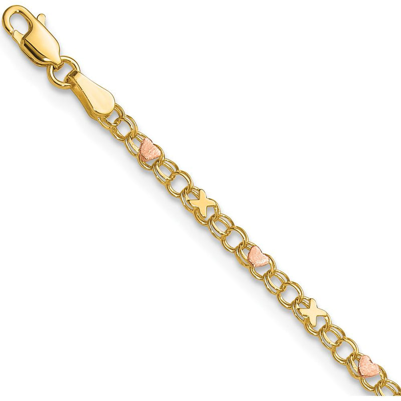 14K Yellow Gold Polished and Satin Rose-Plated X-and-Heart 9" Anklet