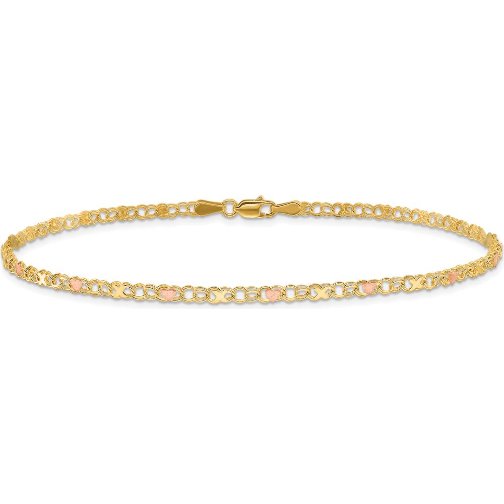 14K Yellow Gold Polished and Satin Rose-Plated X-and-Heart 9" Anklet