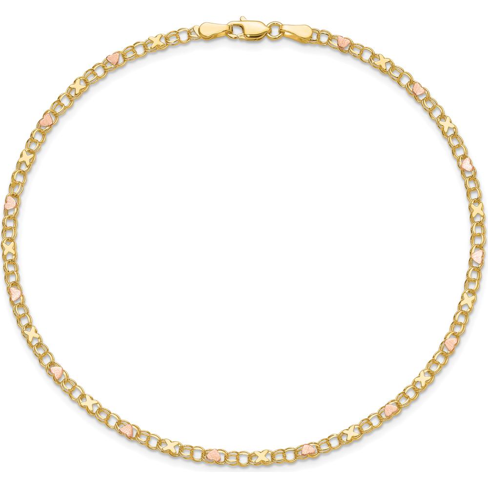 14K Yellow Gold Polished and Satin Rose-Plated X-and-Heart 9" Anklet
