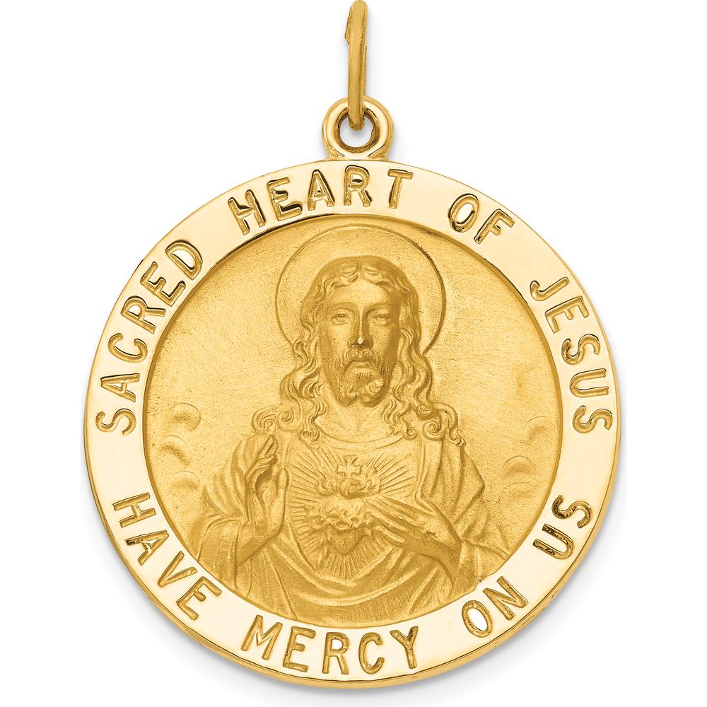 14K Yellow Gold Polished and Satin Sacred Heart of Jesus Medal Round Pendant - 33mm Length by Oro Pregiato