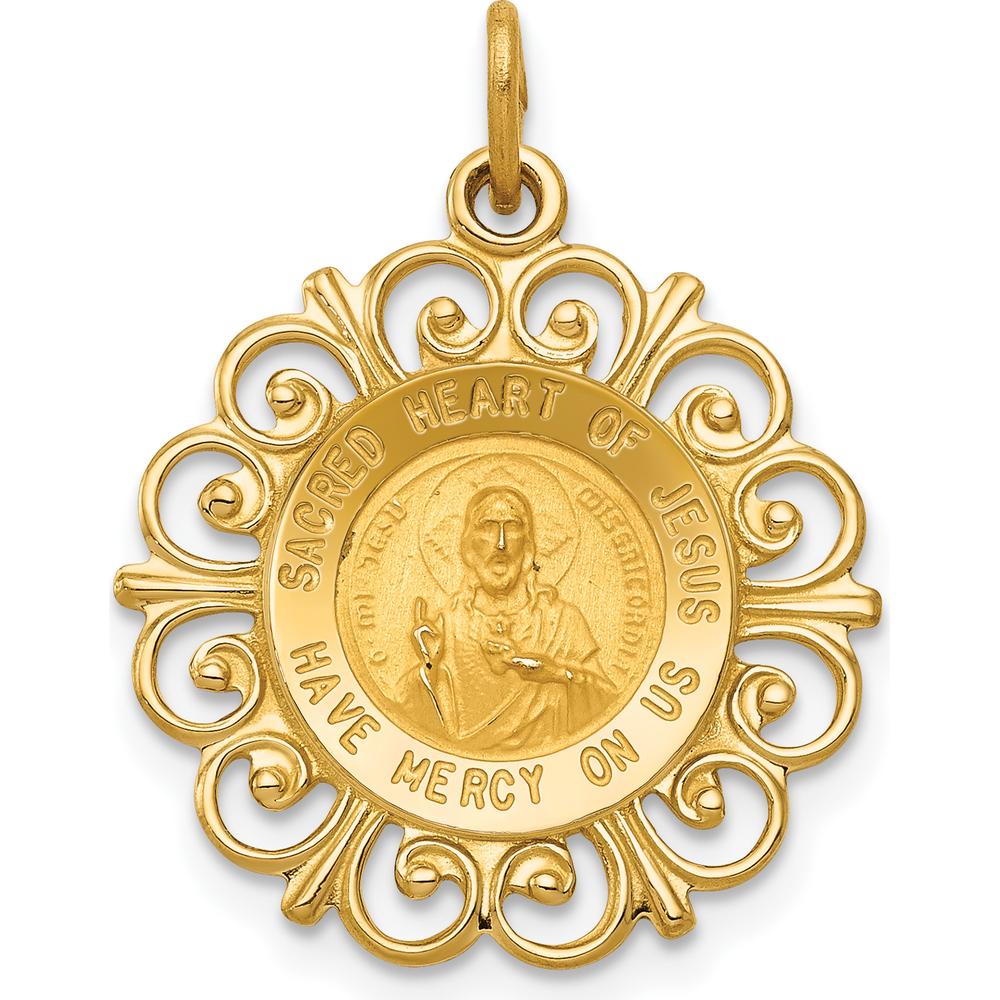 14K Yellow Gold Polished and Satin Sacred Heart of Jesus Medal with Scalloped Edges - 23mm Length by Oro Pregiato